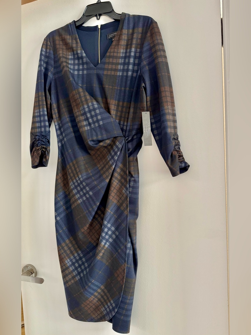Tahari ASL Navy and Brown Plaid Faux-Wrap Midi Dress